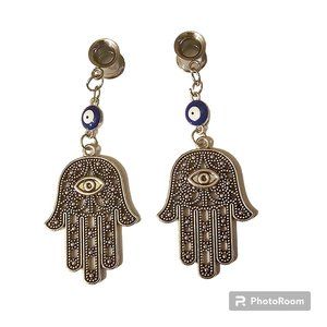 0G Tunnel Gauge Hamsa Hand Evil Eye Dangle Earring
